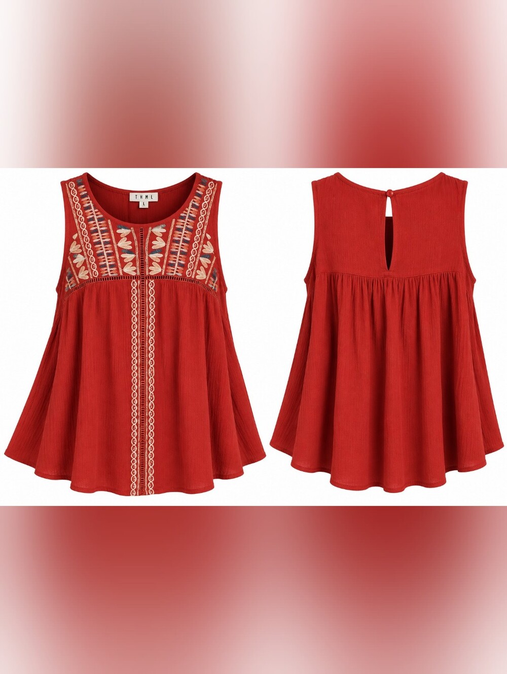 THML Large Red Embroidered Sleeveless Boho Swing Tank Top Rayon NWOT Rodeo Artsy
